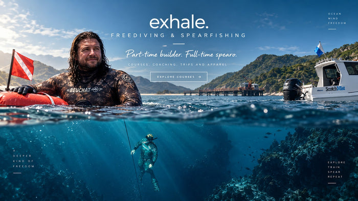 Illustrative Exhale campaign artwork combining ocean, freediving and boat scenes.