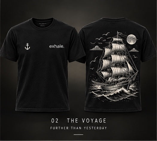 The Voyage black Exhale tee design mockup, front and back, with a large sailing ship back graphic.