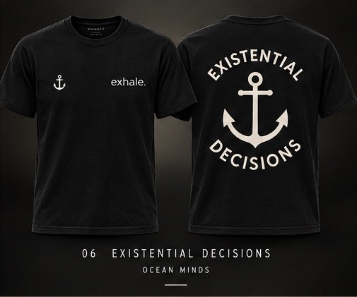 Existential Decisions black Exhale tee design mockup, front and back, with a large anchor and curved lettering.