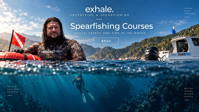 Illustrative Exhale spearfishing course campaign. NZ$650 per person, dates and venue by enquiry.