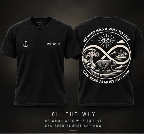 The Why black Exhale tee design mockup, front and back. Anchor on the wearer's right chest and exhale on the left chest.